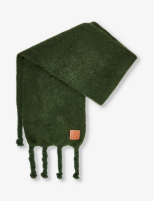 Shop Loewe Women's Forest Green Brand-patch Fringed Wool-blend Scarf
