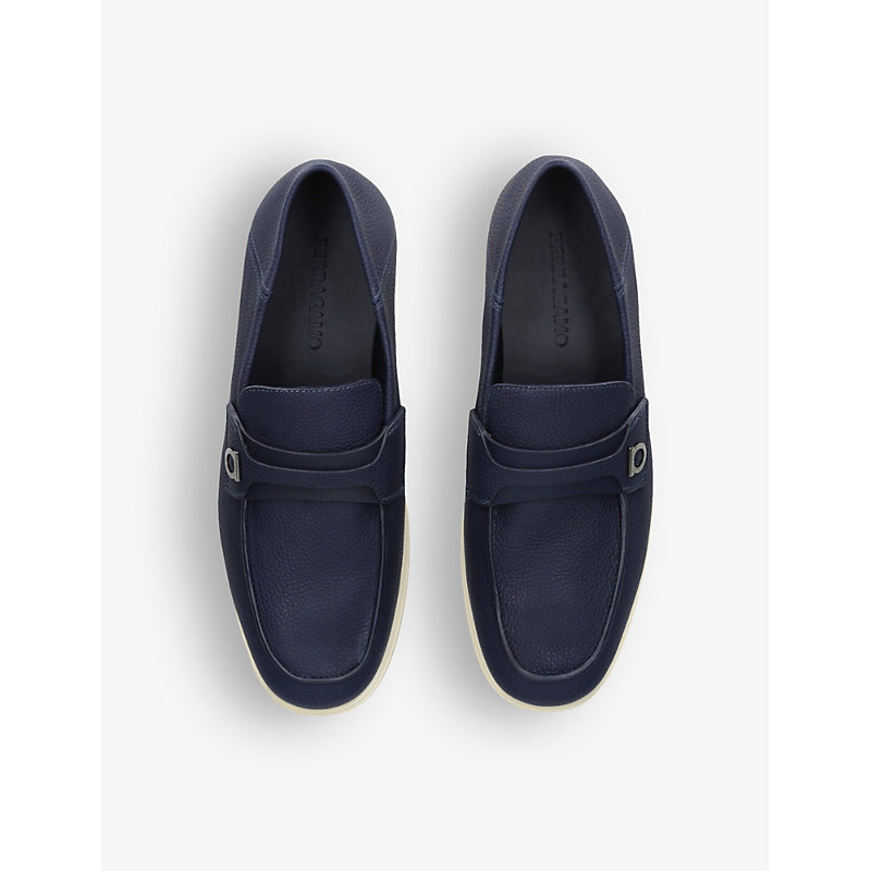 Shop Ferragamo Salvatore  Men's Navy Gancini-plaque Contrast-sole Leather Loafers