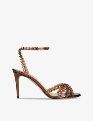 Aquazzura Womens Dark Brown Tequila 85 Crystal-embellished Leather Heeled Sandals