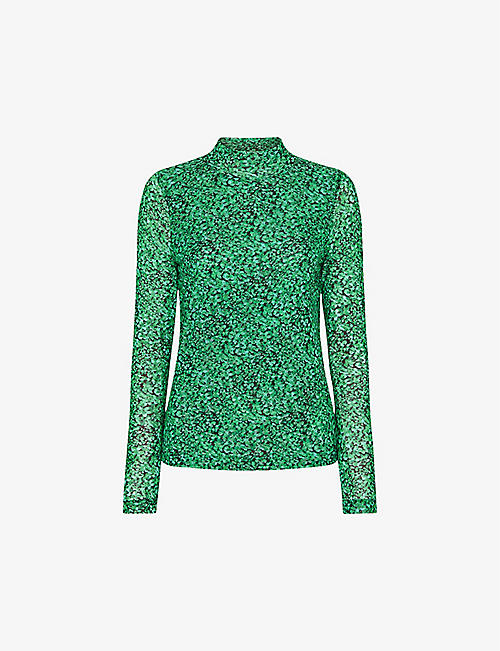 WHISTLES: Floral-pattern long-sleeved stretch-mesh top