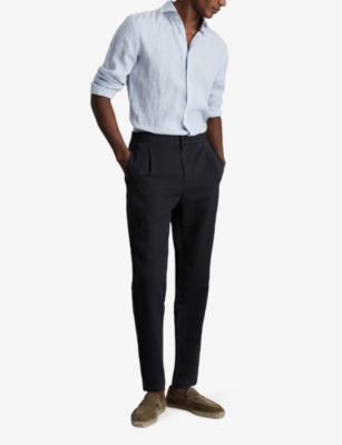 Shop Reiss Men's Navy Pact Straight-leg Relaxed-fit Cotton And Linen-blend Trousers