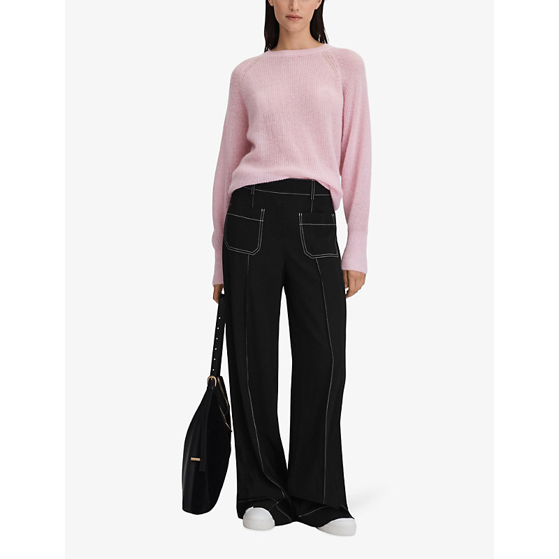 Shop Reiss Women's Black Kylie Contrast-stitching Wide-leg High-rise Stretch-woven Trousers