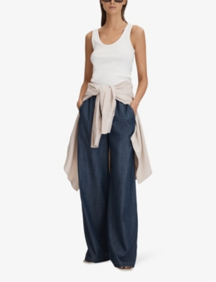 Shop Reiss Women's Mid Blue Carter Wide-leg High-rise Denim Trousers