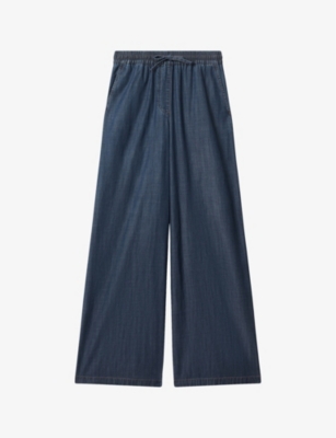 Shop Reiss Womens Mid Blue Carter Wide-leg High-rise Denim Trousers