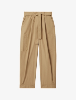 REISS WOMENS DELIA PATCH-POCKET TAPERED-LEG COTTON TROUSERS SAND