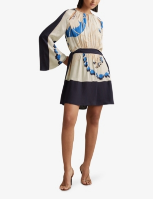 Shop Reiss Sasha Graphic-print Cut-out Woven Mini Dress In Navy/blue