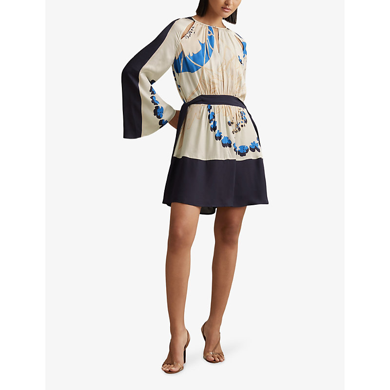 Shop Reiss Womens Navy/blue Sasha Graphic-print Cut-out Woven Mini Dress