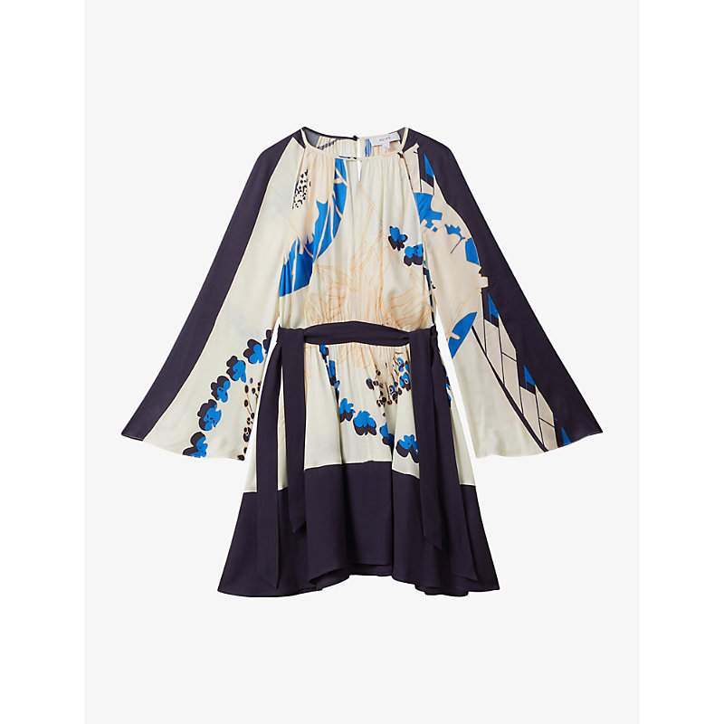 Shop Reiss Women's Navy/blue Sasha Graphic-print Cut-out Woven Mini Dress