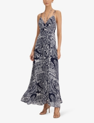 Shop Reiss Women's Navy Quinn Graphic-print Side-split Woven Midi Dress