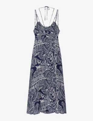 Reiss Womens Navy Quinn Graphic-print Side-split Woven Midi Dress