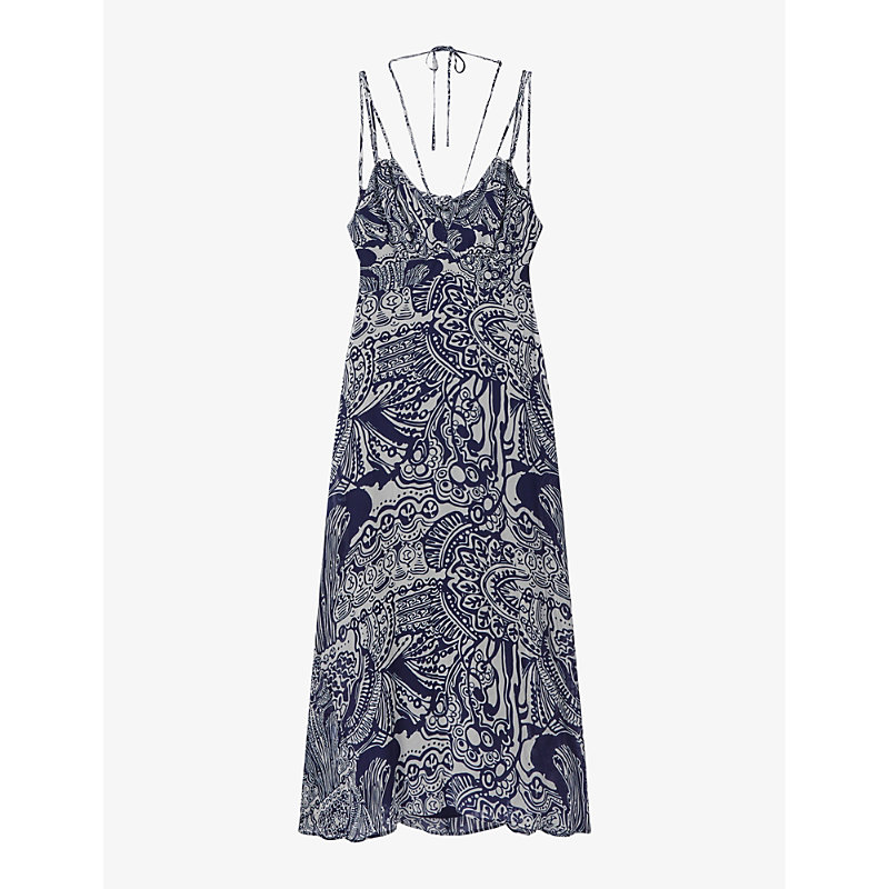 Reiss Womens Navy Quinn Graphic-print Side-split Woven Midi Dress