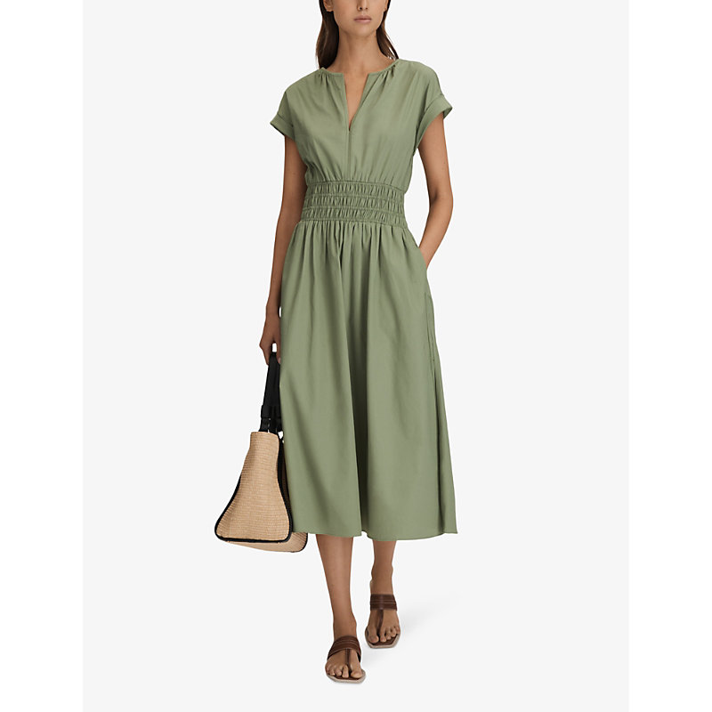 Shop Reiss Women's Green Lena Ruched-waist Cotton Midi Dress