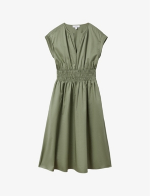 Reiss Womens Green Lena Ruched-waist Cotton Midi Dress