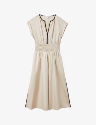 REISS - Lena ruched-waist cotton midi dress | Selfridges.com