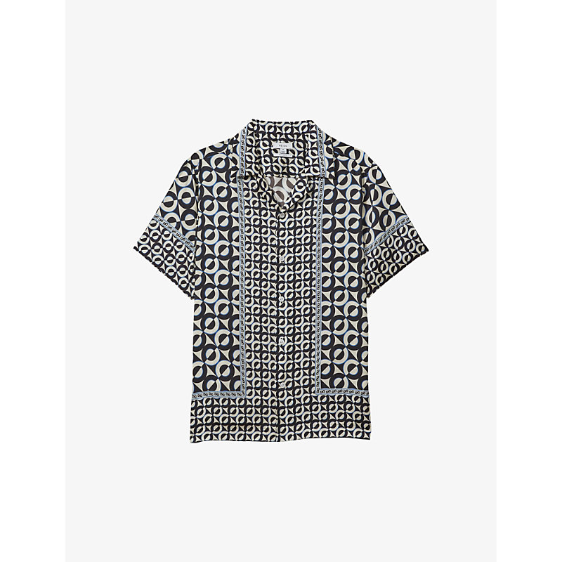Shop Reiss Prentice Geometric-print Short-sleeve Woven Shirt In Lapis Blue