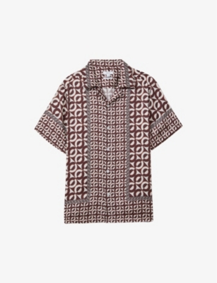 Shop Reiss Prentice Geometric-print Short-sleeve Woven Shirt In Tobacco
