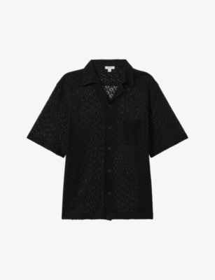 Shop Reiss Mens  Elvis Spread-collar Crochet-knit Shirt In Black