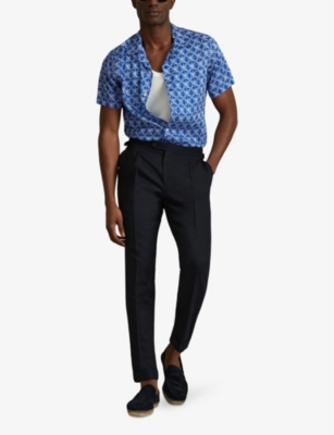 Shop Reiss Men's Bright Blue/whi Tintipan Geometric-print Short-sleeve Woven Shirt