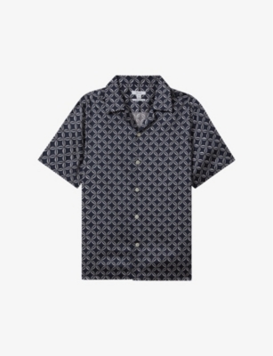 Shop Reiss Men's Vy/white Tintipan Geometric-print Short-sleeve Woven Shirt In Navy/white