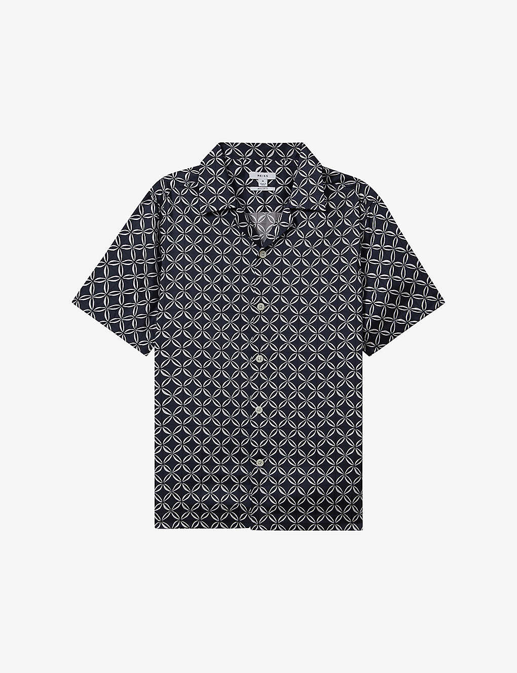 Shop Reiss Tintipan Geometric-print Short-sleeve Woven Shirt In Navy/white