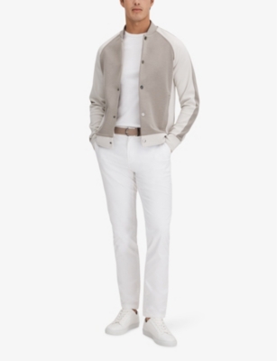 Shop Reiss Men's Taupe/white Pelham Colour-blocked Stretch-woven Jacket