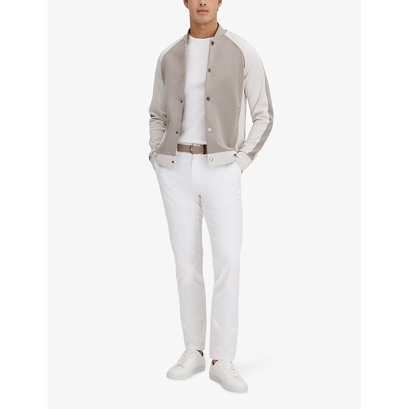 Shop Reiss Men's Taupe/white Pelham Colour-blocked Stretch-woven Jacket