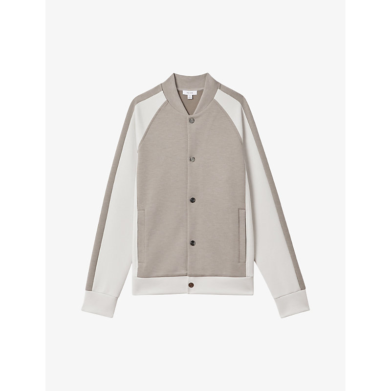 Shop Reiss Mens Taupe/white Pelham Colour-blocked Stretch-woven Jacket
