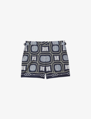 Shop Reiss Men's Vypalm Chain-print Adjustable-side Stretch Recycled-polyester Swim Shorts In Navy Multi