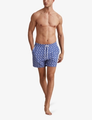 Shop Reiss Men's Bright Blue/whi Fraser Geometric-print Drawstring-waist Stretch Recycled-polyester Swim
