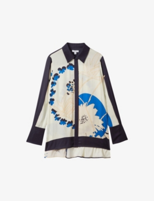 Reiss Isla Graphic-print Split-hem Woven Shirt In Navy/blue
