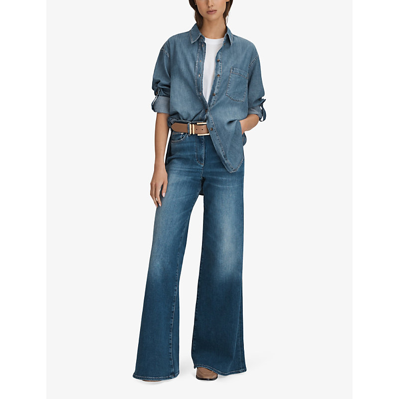 Shop Reiss Women's Blue Carter Rolled-sleeve Relaxed-fit Denim Shirt