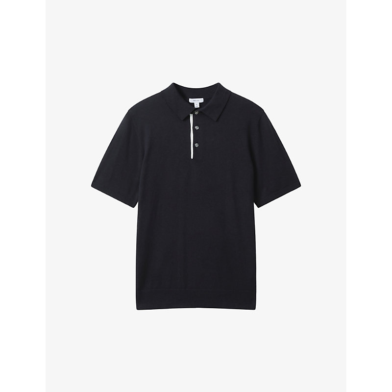 Shop Reiss Finch Contrast-trim Stretch-woven Polo Shirt In Navy
