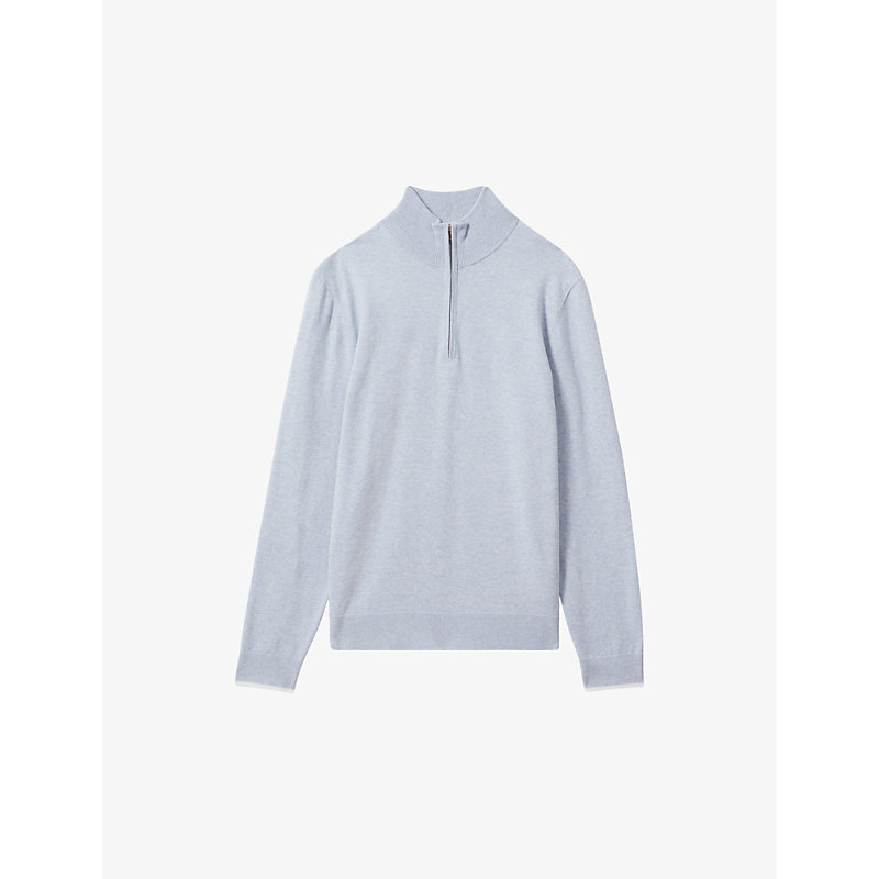 Shop Reiss Men's Soft Blue Melan Swinley Funnel-neck Knitted Polo Shirt