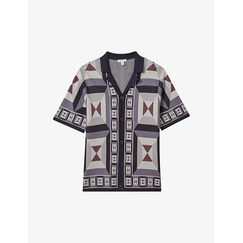 Shop Reiss Men's Blue Multi Beresford Graphic-pattern Knitted Shirt