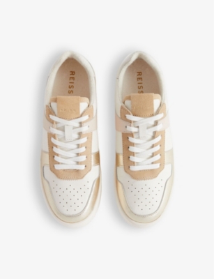 Shop Reiss Women's White/gold Aird Contrast-panel Leather Mid-top Leather Trainers