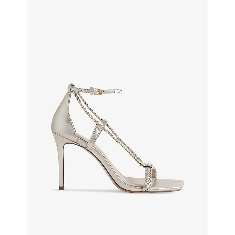 Shop Reiss Women's Gold Paige Plaited-strap Leather Heeled Sandals
