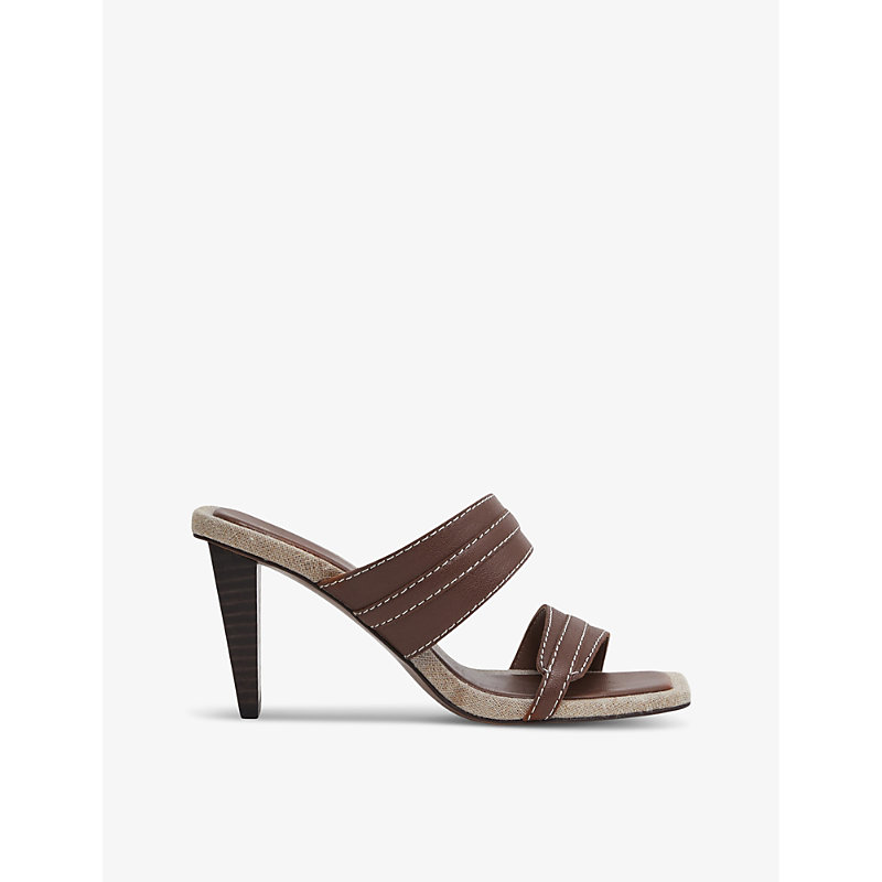 Shop Reiss Women's Tan Ruby Contrast-stitch Leather Heeled Mules