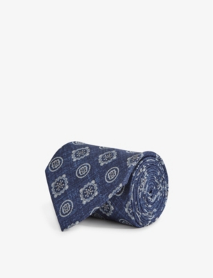 Reiss Mens Indigo Melange Vasari Medallion-print Silk Tie In Blue