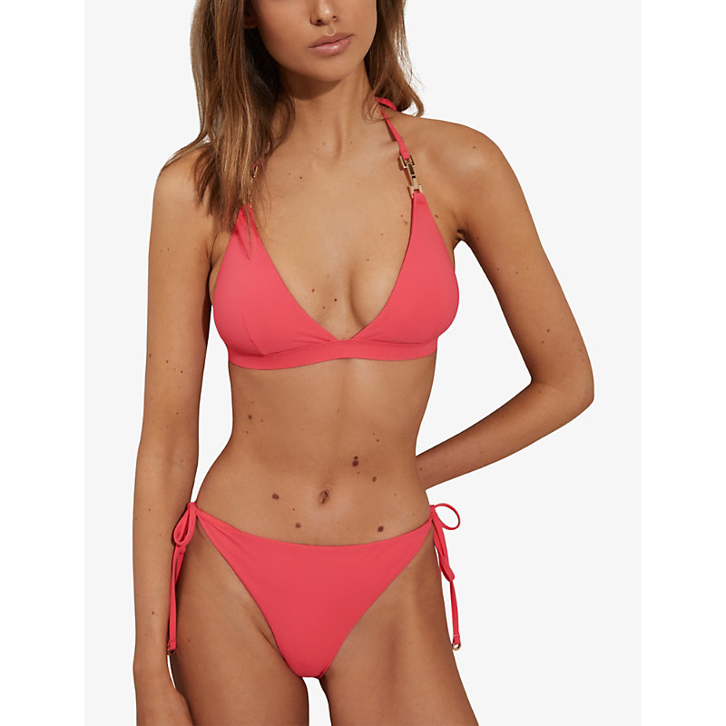 Shop Reiss Women's Coral Riah Side-tie Low-rise Stretch-woven Bikini Top