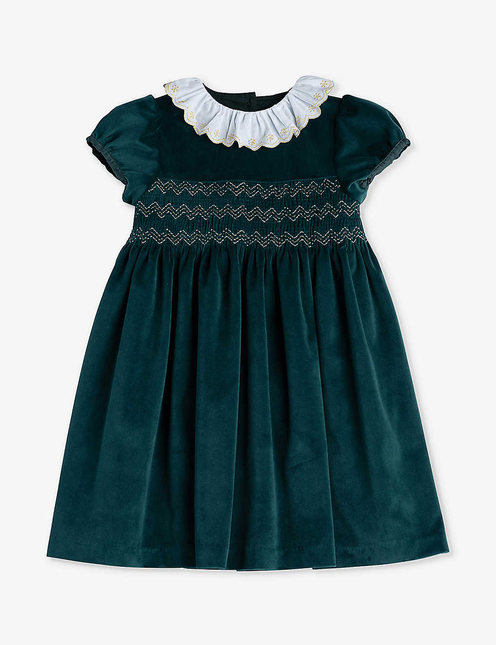 Trotters Babies'  Emerald Velvet Octavia Frill-collar Velvet Dress 2-11 Years In Green