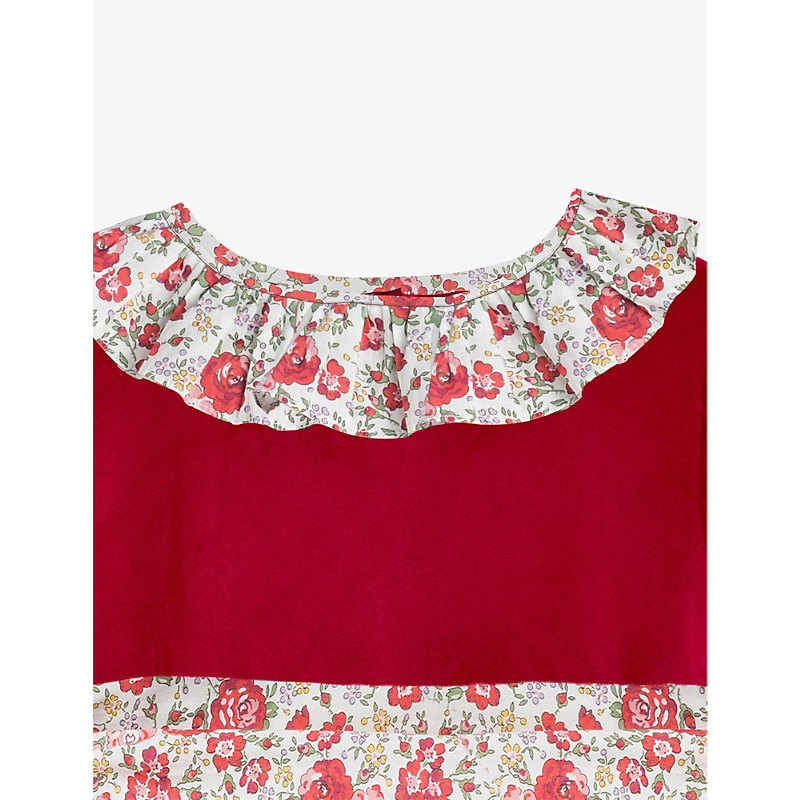 Shop Trotters Girls Red/felicite Kids Felicite Floral-trim Velvet Dress 2-11 Years