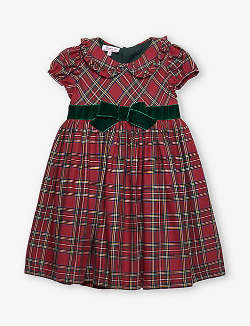 TROTTERS: Katie bow-embellished tartan cotton party dress 2-11 years