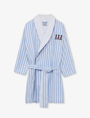 Trotters Kids' Felix Guardsman-embroidered Striped Cotton Robe 1-11 Years In Blue / White Stripe