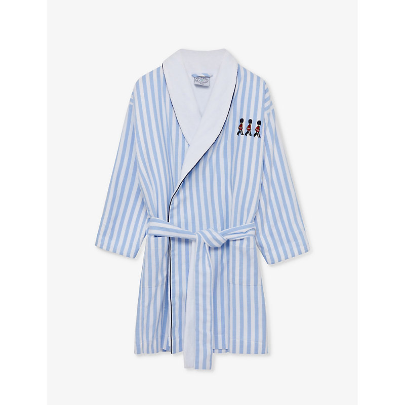 Trotters Kids' Felix Guardsman-embroidered Striped Cotton Robe 1-11 Years In Blue / White Stripe