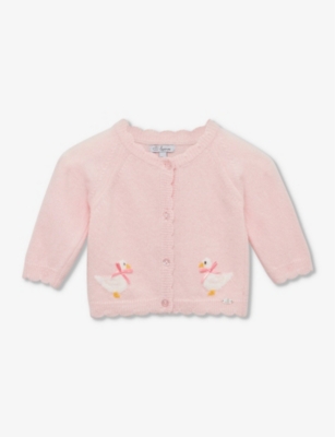 TROTTERS: Jemima duck-intarsia knitted cardigan 0-9 months