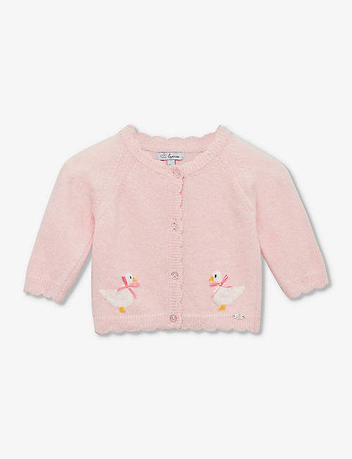 TROTTERS: Jemima duck-intarsia knitted cardigan 0-9 months