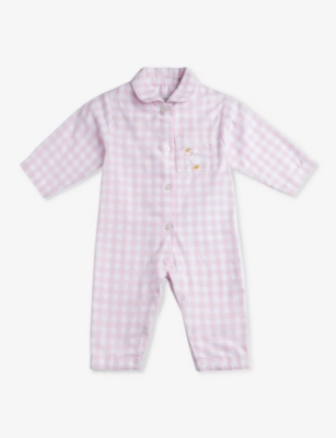 TROTTERS: Freya duck-embroidered gingham cotton romper 0-9 months