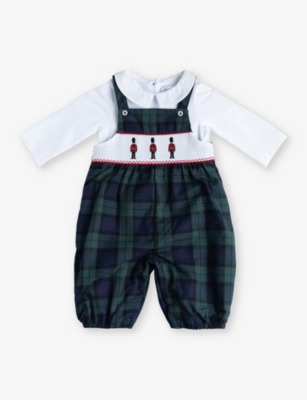 Trotters Babies'  Navy Tartan My First Christmas Soldier-embroidered Stretch-cotton Dungarees 0-9 Months