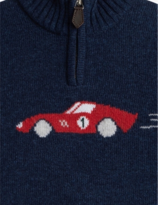 Shop Trotters Vy Marl Sebastian Car-motif Half-zip Wool-blend Jumper 2-11 Years In Navy Marl