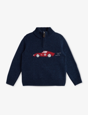 Trotters Babies'  Navy Marl Sebastian Car-motif Half-zip Wool-blend Jumper 2-11 Years